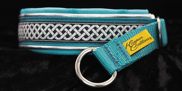 1 Inch Double Leather Collar Silver Celtic Knots on Teal Web with Metallic Silver and Chap Teal Leather and Chrome Hardware