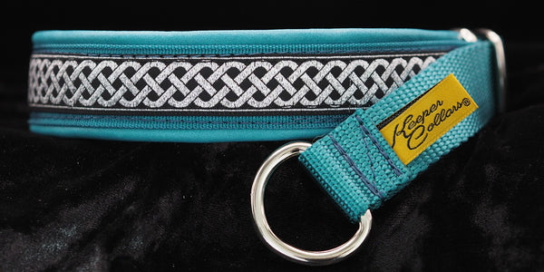 1 Inch Collar Silver Celtic Knot on Teal Web with Chap Teal Leather and Chrome Hardware