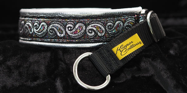 1 Inch Collar Silver Paisley with Colors on Black Web with Metallic Silver Leather and Chrome Hardware