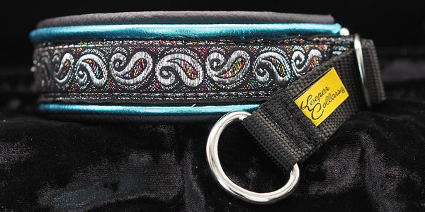 1 Inch Double Leather Collar Silver Paisley with Colors on Black Web with Metallic Teal and Black Leather and Chrome Hardware