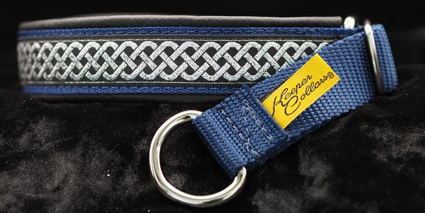 1 Inch Collar Silver Celtic Knot on Navy Web with Black Leather and Chrome Hardware
