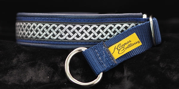 1 Inch Collar Silver Celtic Knot on Navy Web with Navy Leather and Chrome Hardware