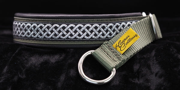 1 Inch Collar Silver Celtic Knot on Olive Web with Black Leather and Chrome Hardware