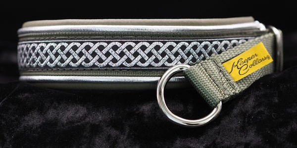 1 Inch Double Leather Collar Silver Celtic Knots on Olive Web with Metallic Silver and Olive Leather and Chrome Hardware