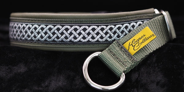 1 Inch Collar Silver Celtic Knot on Olive Web with Olive Leather and Chrome Hardware