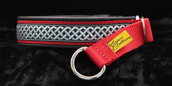 1 Inch Collar Silver Celtic Knot on Red Web with Balck Leather and Chrome Hardware