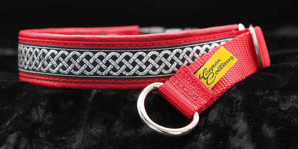 1 Inch Collar Silver Celtic Knot on Red Web with Red Leather and Chrome Hardware