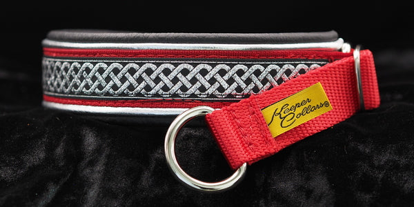 1 Inch Double Leather Collar Silver Celtic Knot on Red Web with Metallic Silver and Black Leather and Chrome Hardware