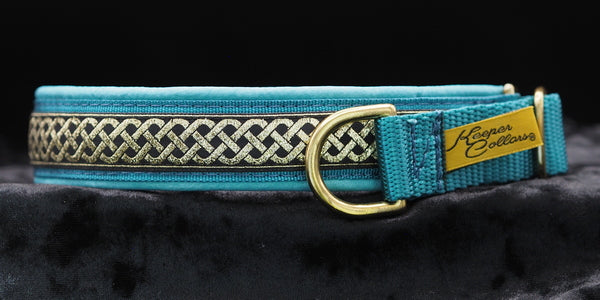 1 Inch Collar Gold Celtic Knot on Teal Web with Teal Leather and Brass Hardware