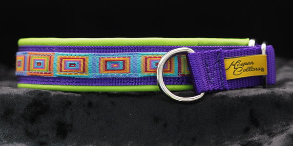 1 Inch Collar 3/4 inch Colored squares on Purple Web with Lime Leather and Chrome Hardware (Copy)
