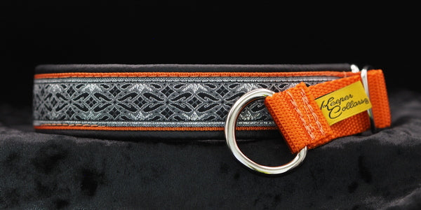 1 Inch Collar Silver and Gray Diamonds on Orange Web with Black Leather and Chrome Hardware (Copy)