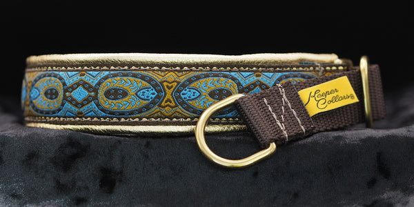 1 Inch Collar Blue Konta on Brown Web with Metallic Gold Leather and Brass Hardware