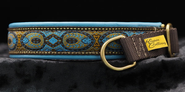 1 Inch Collar Blue Konta on Brown Web with Teal Leather and Brass Hardware