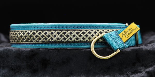 1 Inch Collar Gold Celtic Knot on Teal Web with Teal Leather and Brass Hardware