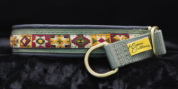 1 Inch CollarGold quilt Blocks on Olive Web with Black Leather and Brass Hardware