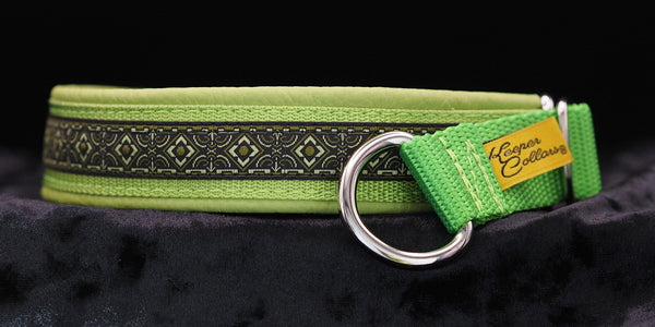 1 Inch Collar Green Geo with Green Apple Web and Lime tug with Dusty Lime Leather and Chrome Hardware