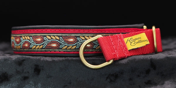 1 Inch Collar Flame Leaves on Red Web with Black Leather and Brass Hardware