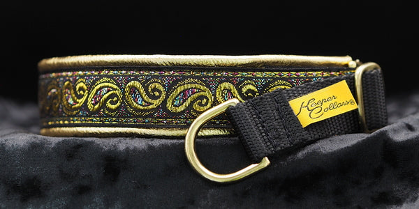 1 Inch Collar Gold Paisley with Colors on Black Web with Metallic Gold Leather and Brass Hardware