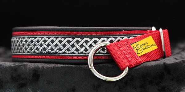 1 Inch Collar Silver Celtic Knot on Red Web with Balck Leather and Chrome Hardware