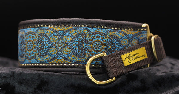2 Inch Collar Blue Konta on Brown Web with Brown Leather and Brass Hardware