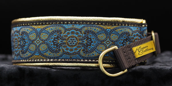 2 Inch Collar Blue Konta on Brown Web with Gold Leather and Brass Hardware