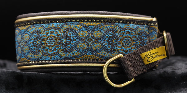 2 Inch Double Leather Blue Konta on Black Web with Metallic Gold and Brown Leather with a Brown Tug with Brass Hardware