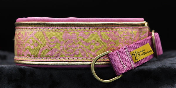 1 1/2 Inch Double Leather Collar Gold & Pink Rose on Coyote Web with Metallic Gold and Pink Leather with Brass Hardware