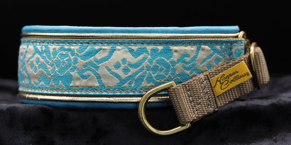 1 1/2 Inch Double Leather Collar Teal & Pink Rose on Coyote Web with Metallic Gold and Teal Leather with Brass Hardware