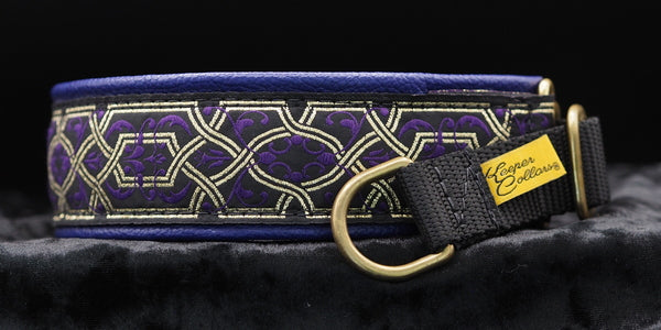 1 1/2 Inch Collar Gold and Purple Filigree on Black Web with Purple Leather and Brass Hardware