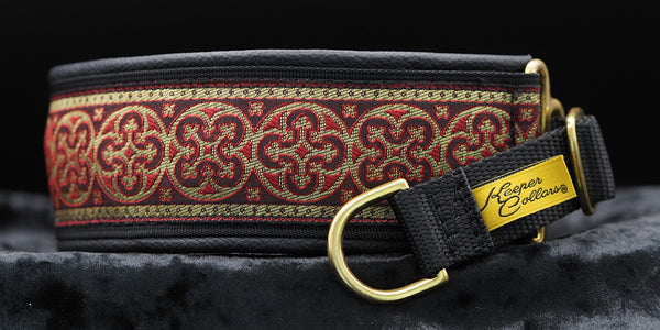 2 Inch Collar Gold and Red Shields on Black Web with Black Leather and Brass Hardware