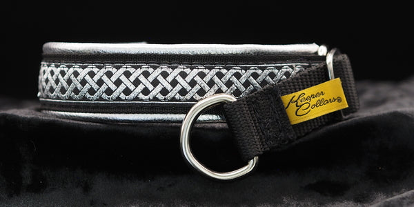 Small Flaw, Wrong sized ladder one to many ladders, 13" 1" Black Web, Silver Celtic Knots Ribbon, Silver Leather, Chrome Hardware, Med Prongs