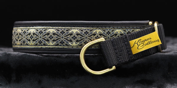 1 Inch Collar Gold and Black Diamonds on Black Web with Black Leather and Brass Hardware.