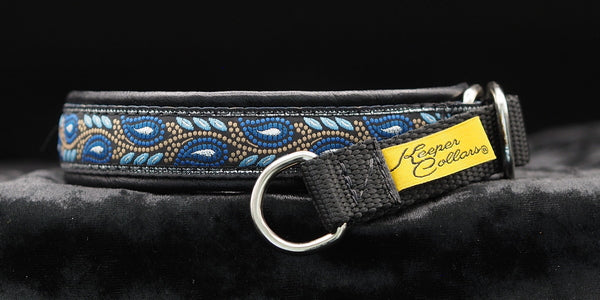 3/4 Inch Collar Silver and Blue Leaves on Black Web with Black Leather and Chrome Hardware