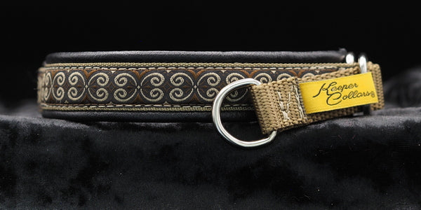 3/4 Inch Collar Brown Scroll on Coyote Web with Black Leather and Chrome Hardware