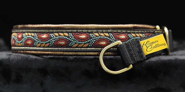 3/4 Inch Collar Gold and Flame Leaves on Black Web with Copper Leather and Brass Hardware