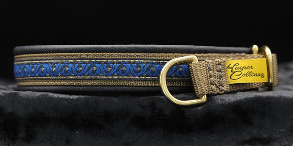 3/4 Inch Collar Gold and Blue Scroll on Coyote Web with Black Leather and Brass Hardware