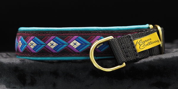 1 Inch Collar Gold and Burgundy Arrowhead on Black Web with Teal Leather and Brass Hardware