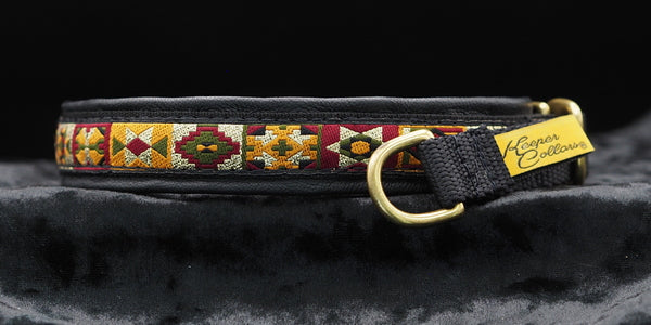 3/4 Inch Collar Gold Olive,Red,Quilt Blocks on Black Web with Black Leather and Brass Hardware