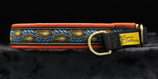 3/4 Inch Collar Gold and Orange Leaves on Black Web with Orange Leather and Brass Hardware