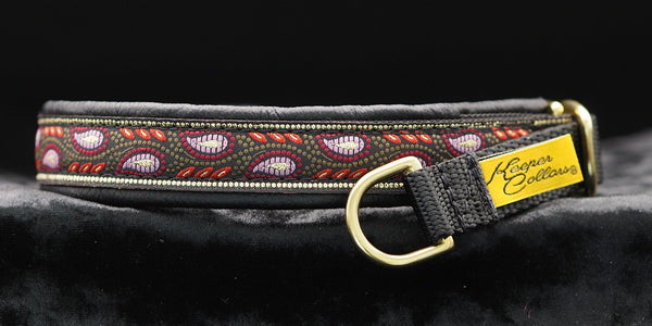 3/4 Inch Collar Gold and Pink Leaves on Black Web with Black Leather and Brass Hardware