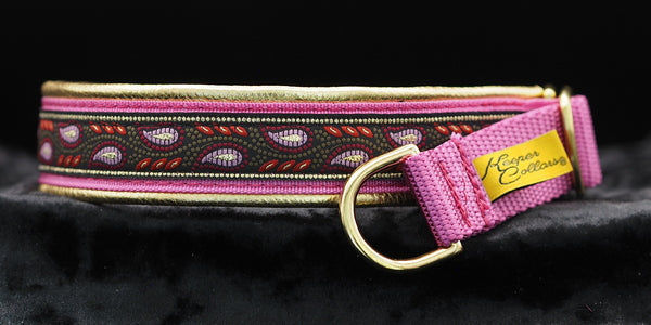 1 Inch Collar Gold and Pink Leaves on Dk. Pink Web with Glod Leather and Brass Hardware
