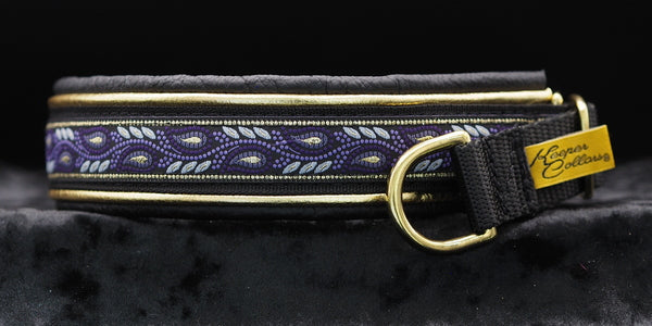 1 Inch Double Leather Collar Gold and Purple Leaves on Black Web with Metallic Gold and Black Leather and Brass Hardawre