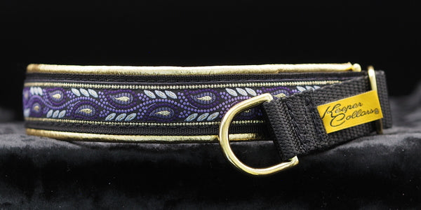 1 Inch Collar Gold and Purple Leaves on Black Web with Gold Leather and Brass Hardware