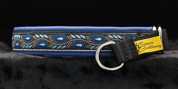 3/4 Inch Collar Silver and Blue Leaves on Black Web with Blue Leather and Chrome Hardware (Copy)