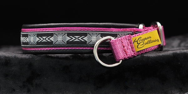 3/4 Inch Collar Silver Squares Black and Gray on Pink Web with Black Leather and Chrome Hardware