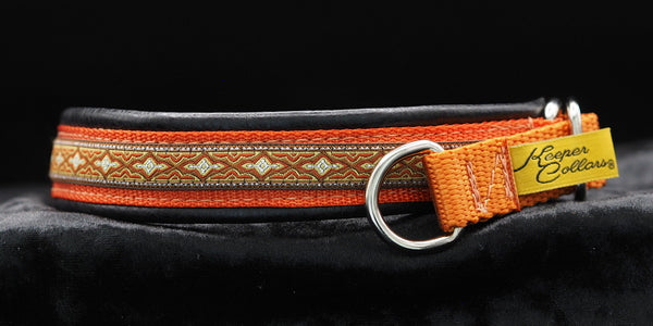 3/4 Inch Collar Silver Western Sky on Orange Web with Black Leather and Chrome Hardware