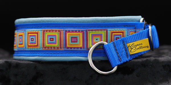 1 1/2 Inch Collar 1 Inch Colored Squares on Royal Blue Web with Light Blue Leather and Chrome Hardware