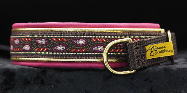 1 Inch Double Leather Collar Gold and Pink Leaves on Brown Web with Metallic Gold and Dk. Pink Leather and Brass Hardware