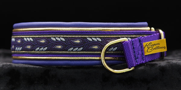 1 Inch Double Leather Collar Gold and Purple Leaves on Purple Web with Metallic Gold and Purple Leather and Brass Hardawre