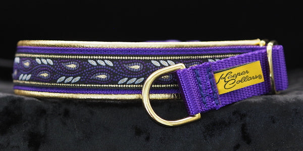 1 Inch Collar Gold and Purple Leaves on Purple Web with Gold Leather and Brass Hardware